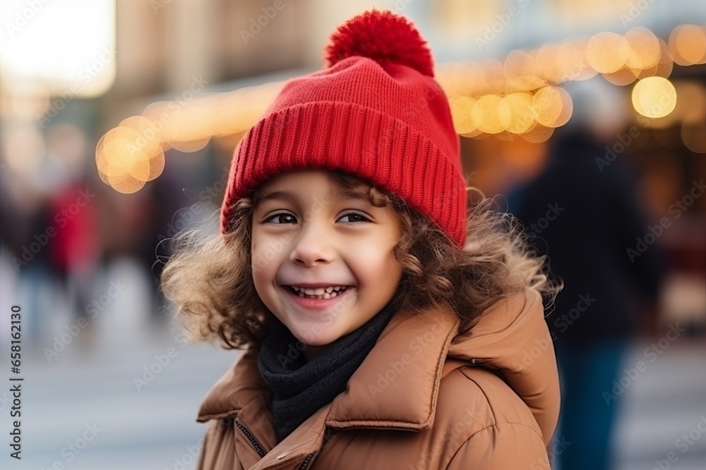 Portrait of cute little girl in red hat on christmas market Portrait of cute little girl in red hat on christmas market