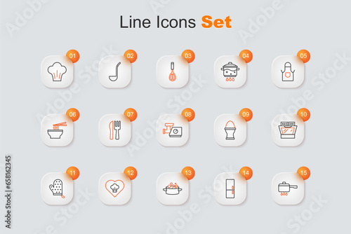 Set line Cooking pot on fire, Refrigerator, Chef hat, Oven glove, Chicken egg stand and Kitchen meat grinder icon. Vector