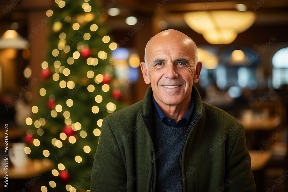 Portrait of happy senior man in cafe with Christmas tree in background Portrait of happy senior man in cafe with Christmas tree in background