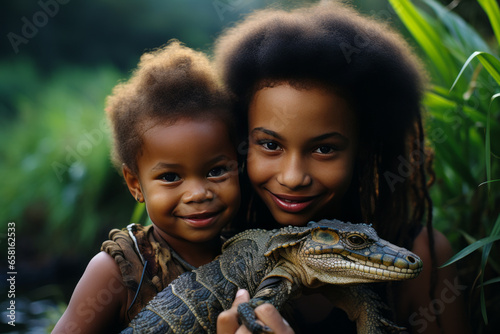 Charming African woman gently cradling a baby crocodile by a tranquil lily pond.