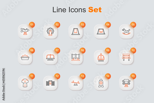 Set line Swing car, Rocket ship toy, Seesaw, Swedish wall, Mushroom house, Bench, Attraction carousel and Kid playground slide pipe icon. Vector