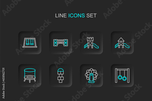 Set line Gymnastic rings, Swing for kids, Hopscotch, Jumping trampoline, Slide playground, Playground bridge and Swings icon. Vector