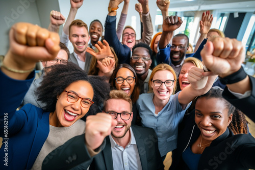 Unified Strength: Diverse Group of Coworkers Raising Hands in a Vibrant Team-Building Exercise