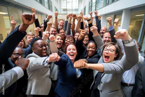 Unified Strength: Diverse Group of Coworkers Raising Hands in a Vibrant Team-Building Exercise