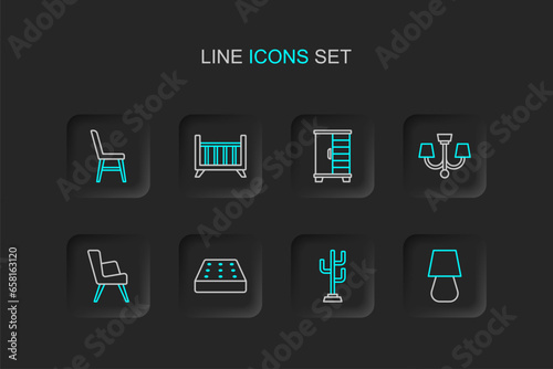 Set line Table lamp, Coat stand, Mattress, Armchair, Chandelier, Wardrobe, Baby crib cradle bed and Chair icon. Vector