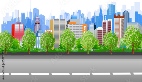 A vector illustration representing the main street view of a modern city with many flowering trees and buildings.