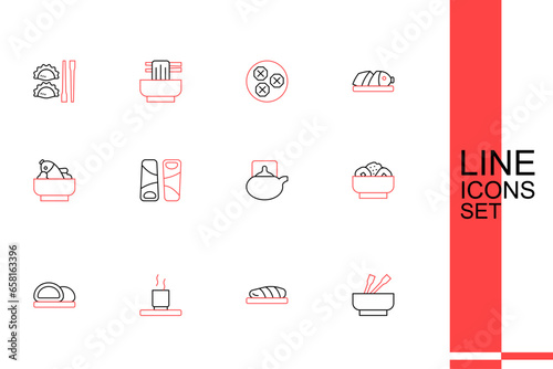 Set line Asian noodles in bowl, Fish steak, Cup of, Sushi, Chow mein on plate, Traditional ceremony, Guotie and Rice with fish icon. Vector