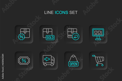 Set line Shopping cart, Hanging sign with text Open, Delivery cargo truck, Discount percent tag, Online shopping on screen, Return cardboard box, Sold and Cardboard discount icon. Vector