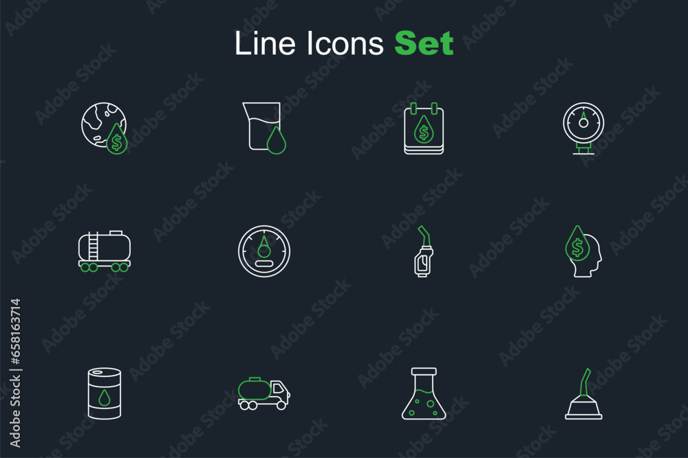 Set line Canister for motor machine oil, Oil petrol test tube, Tanker truck, Barrel, drop with dollar symbol, Gasoline pump nozzle, Motor gas gauge and railway cistern icon. Vector Set line Canister for motor machine oil, Oil petrol test tube, Tanker truck, Barrel, drop with dollar symbol, Gasoline pump nozzle, Motor gas gauge and railway cistern icon. Vector