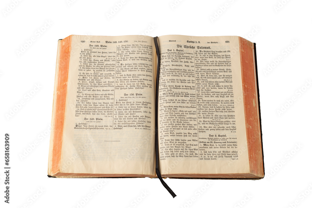 Open old holy bible book with German text in retro print isolated on white