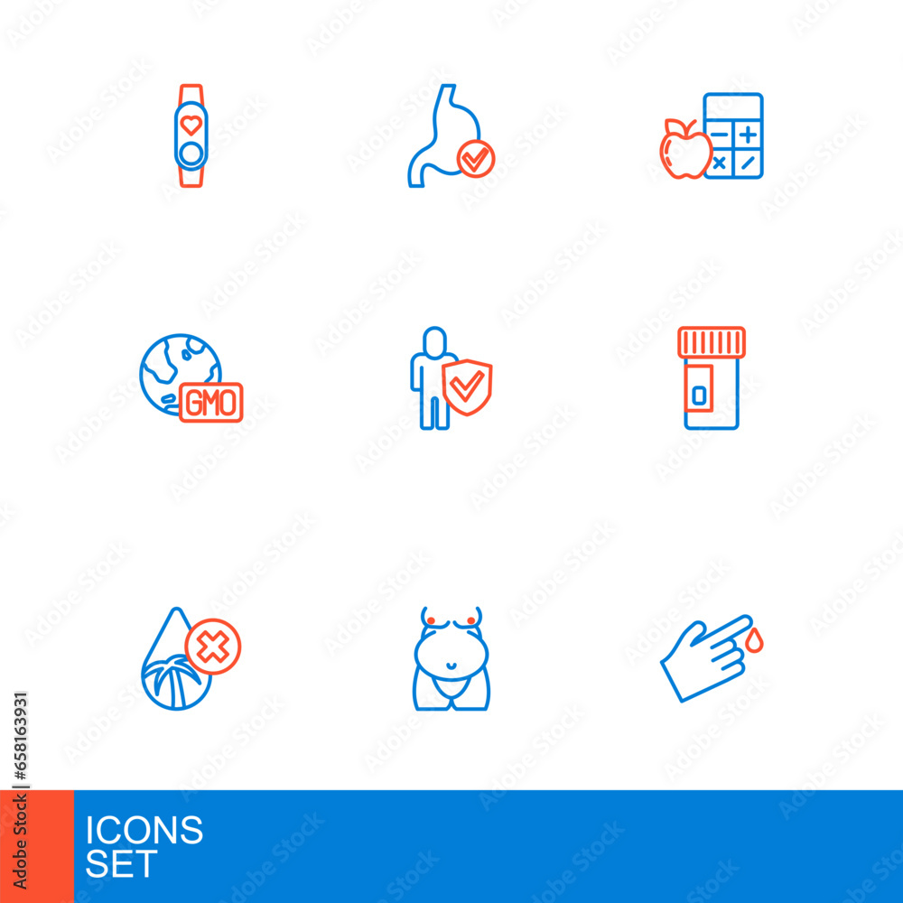 Set line Finger blood, Obesity, Palm oil free, Vitamins, GMO, Healthy lifestyle, Calorie calculator and Human stomach health icon. Vector Set line Finger blood, Obesity, Palm oil free, Vitamins, GMO, Healthy lifestyle, Calorie calculator and Human stomach health icon. Vector