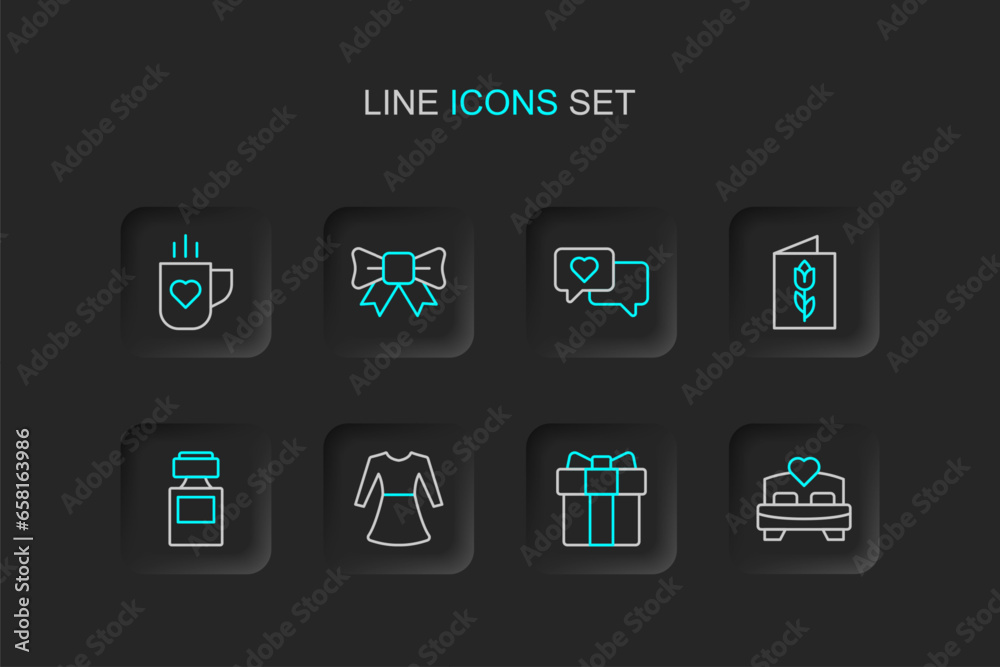 Set line Bedroom, Gift box and heart, Woman dress, Perfume, Greeting card with 8 March, Heart speech bubble, bow and Coffee cup icon. Vector