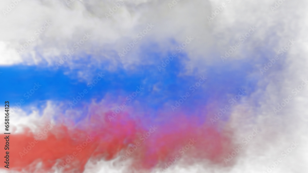 Plumes of multi-colored smoke move across a white background. Flag of the Russian Federation. 3D illustration.