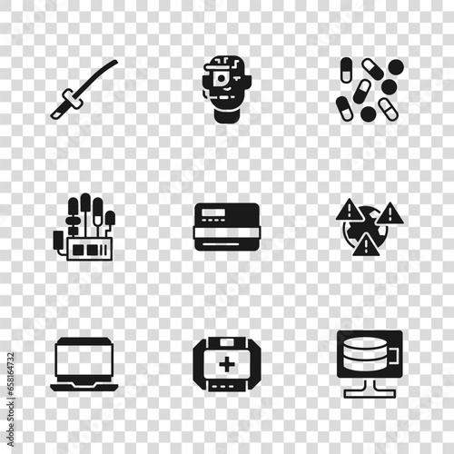 Set First aid kit, Earth with exclamation mark, Cloud database, Credit card, Medical pill biohacking, Katana, Smart glasses spectacles and Mechanical robot hand icon. Vector