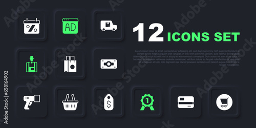 Set Credit card, Shopping cart, Paper shopping bag, Medal, Seller, basket, Advertising and Price tag with dollar icon. Vector