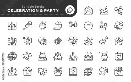 Line icon set. Holiday and party. Fun birthday celebration. Holiday accessories, food and drinks. Vector icon pack. Web icons in linear style.