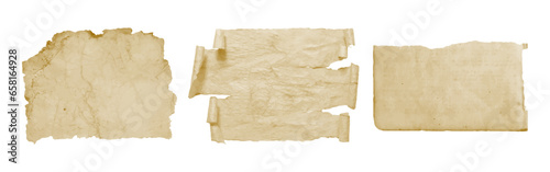 Antique torn pieces of paper isolated on transparent background. Vintage parchment