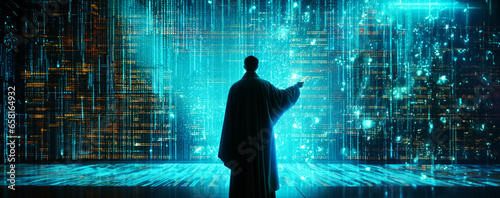 Flowing creased folded textured priestly robes, mesmerizing digital binary dot matrix barcode data