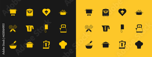 Set Cooking pot, Meat chopper, Electric kettle, Measuring cup, Chef hat, on fire and Slow cooker icon. Vector