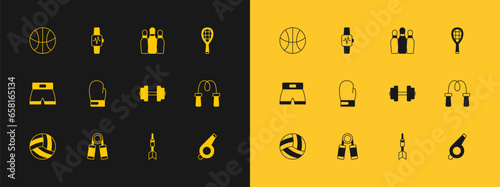 Set Tennis racket, Sport expander, Dumbbell, Dart arrow, Boxing glove, Bowling pin, Basketball ball and Smart watch with heart icon. Vector