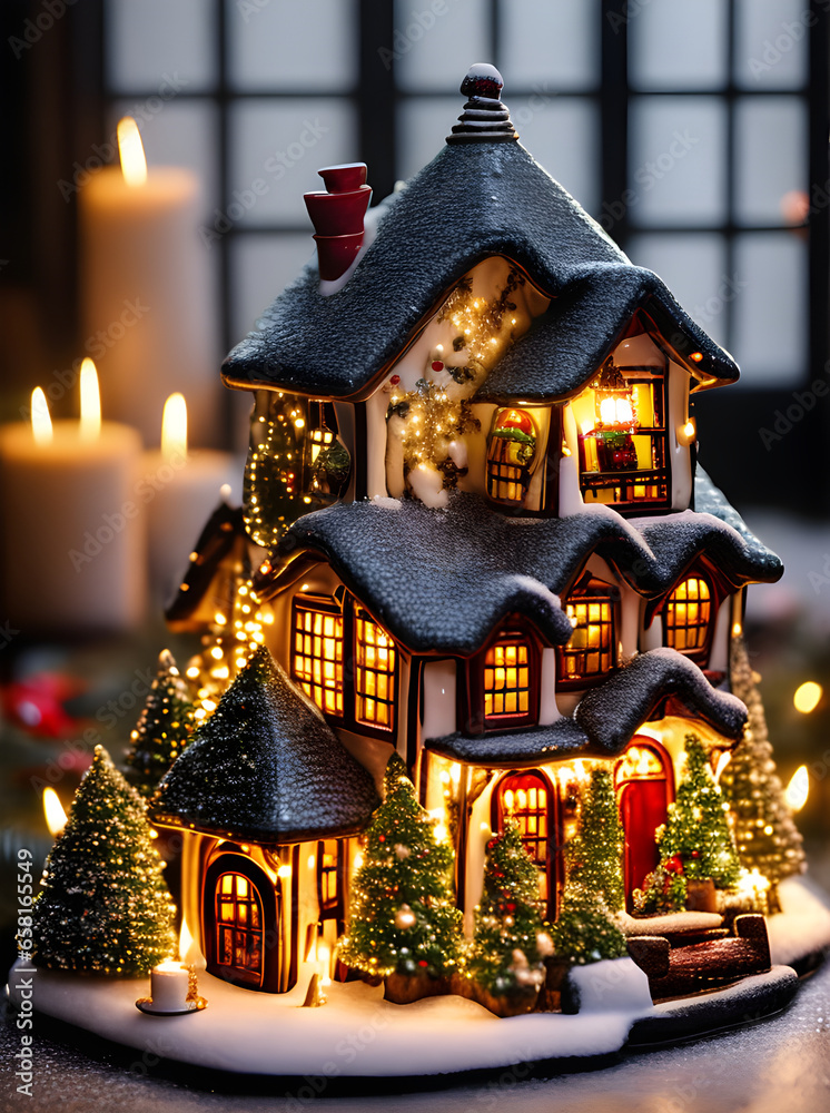 Detailed ceramic Christmas house with cozy ambiance.