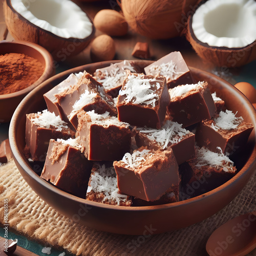 Coconut fudge design with delicious cocoa treats