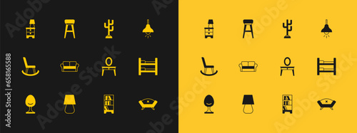 Set Lamp hanging, Table lamp, Dressing table, Library bookshelf, Sofa, Coat stand, Furniture nightstand with and Chair icon. Vector