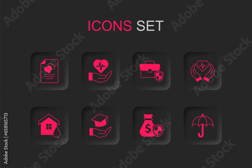 Set Education grant, Life insurance in hand, Marriage contract, Money bag with shield, Umbrella, Briefcase and House flood icon. Vector