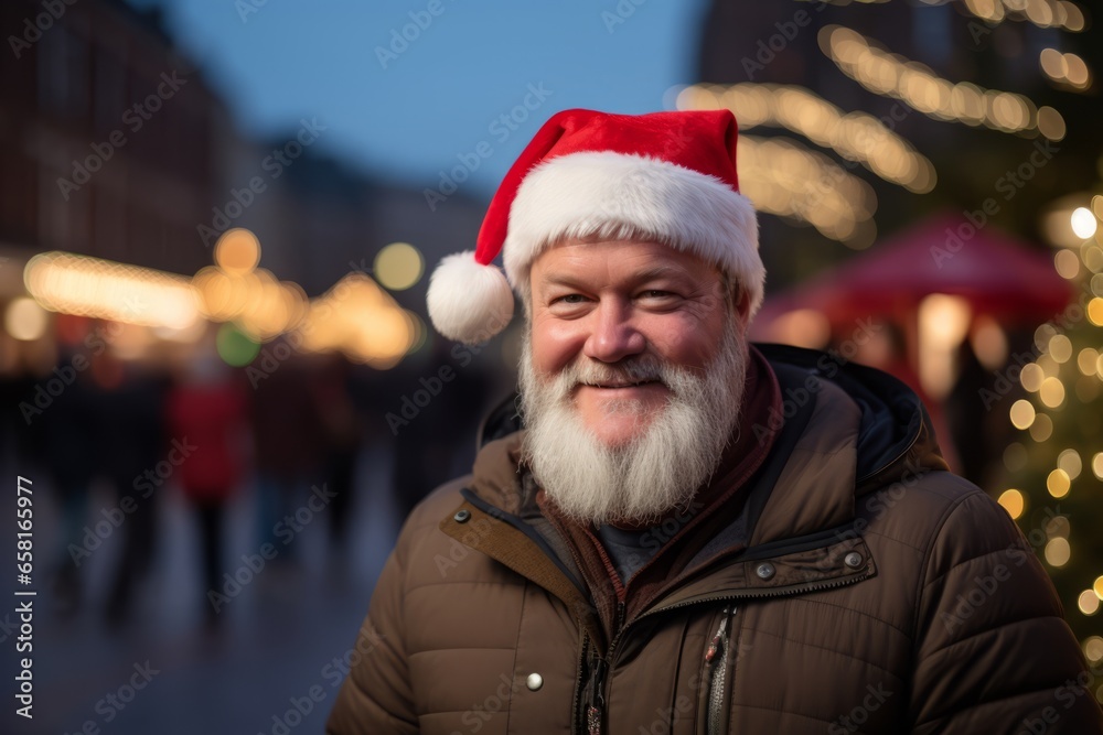 Portrait of senior man in Santa hat on Christmas market in Moscow Portrait of senior man in Santa hat on Christmas market in Moscow