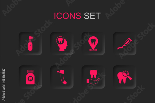 Set Tooth drill, Toothache, Electric toothbrush, Tube of toothpaste, Broken, Dental clinic location and painkiller tablet icon. Vector