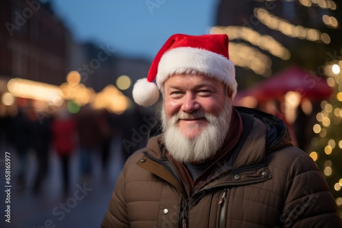 Portrait of senior man in Santa hat on Christmas market in Moscow