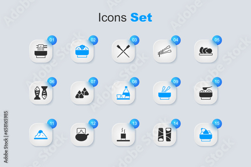 Set Guotie, Zongzi in bamboo steamer, Chow mein plate, Rice bowl, with fish, Ramen soup, Asian noodles and Bottle of sake icon. Vector