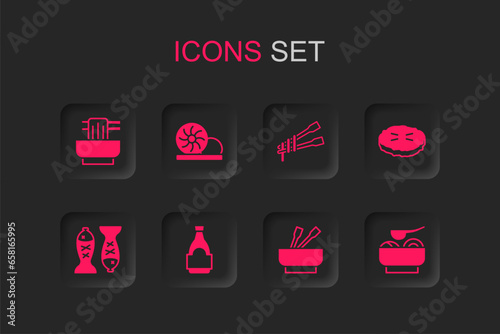 Set Soy sauce bottle, Xiao long bao, Asian noodles in bowl, Homemade pie, Ramen soup, Food chopsticks with and Served fish plate icon. Vector