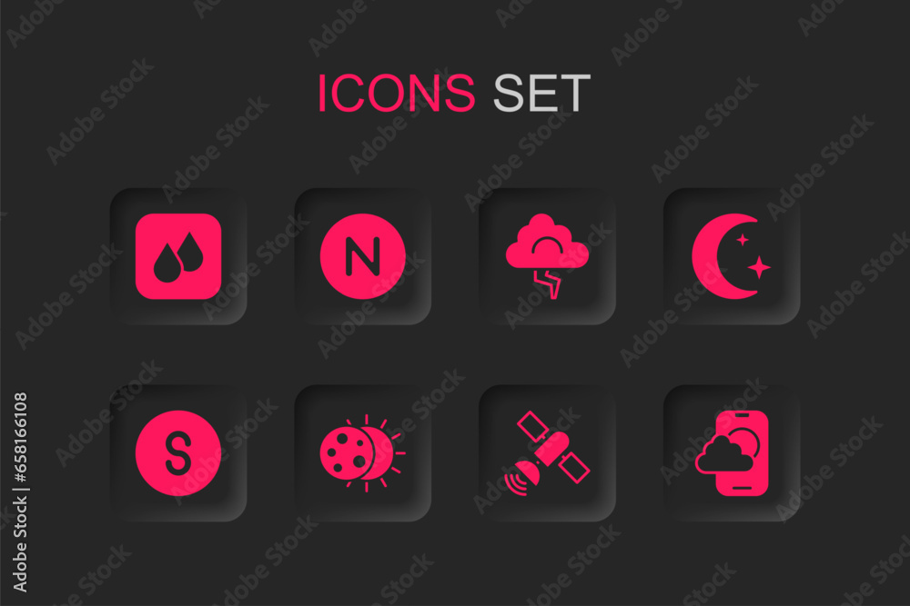 Set Eclipse of the sun, Compass north, Water drop, Satellite, Moon and stars, Weather forecast app, Cloud lightning and south icon. Vector Set Eclipse of the sun, Compass north, Water drop, Satellite, Moon and stars, Weather forecast app, Cloud lightning and south icon. Vector