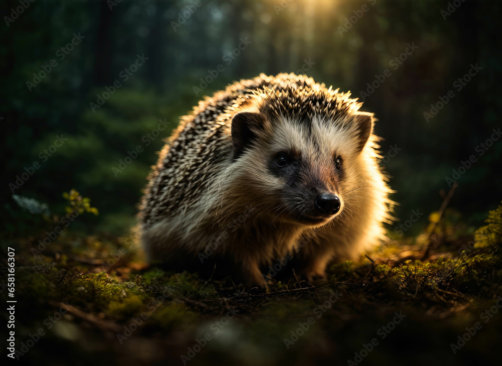 Fototapeta premium hedgehog Portrait. The hedgehog captured in a close-up shot while the forest forms the background. The forest rich with towering trees, lush vegetation.