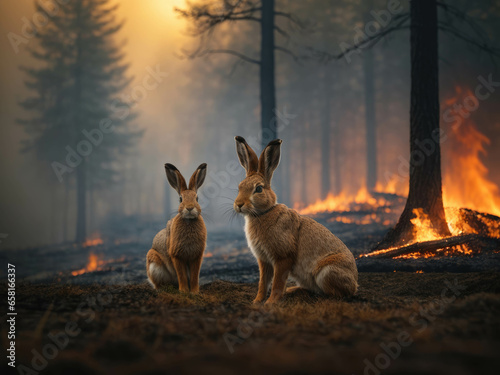Rabbit who runs away from a forest fire. the fire engulfs the entire forest, the flames rush upward © Natallia