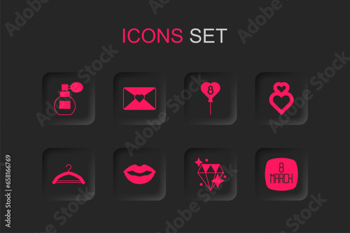 Set Smiling lips, Envelope with 8 March, Perfume, Diamond, Heart, Balloons and Hanger wardrobe icon. Vector