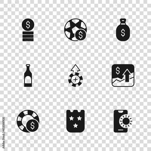 Set Lottery ticket, Financial growth increase, Online sports betting, Casino chips, Money bag, with dollar, Football money and Bottle of wine icon. Vector