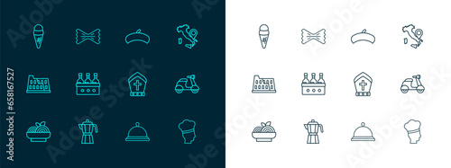 Set line Map of Italy, Coffee maker moca pot, Pope hat, Covered with tray food, Bottles wine, French beret, Ice cream waffle and Macaroni icon. Vector