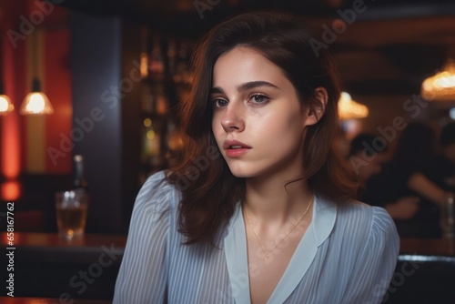 Portrait of pretty drunk girl at the bar. Concept of alcoholism. Generative AI