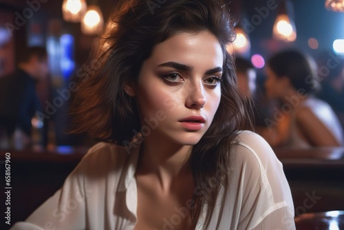 Pretty drunk sad girl at the bar. Concept of alcoholism. Generative AI