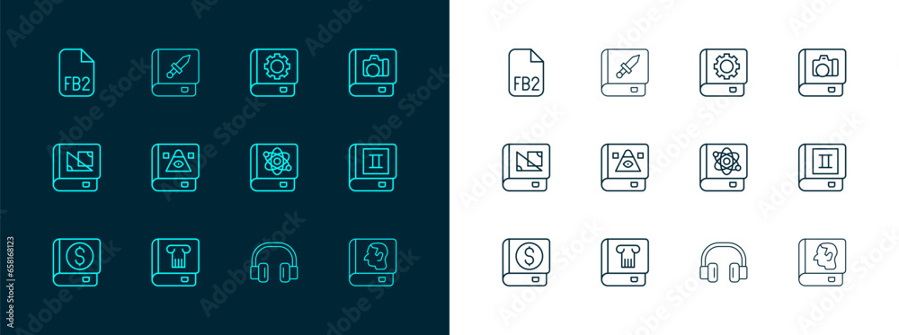 Set line Photo album gallery, History book, Book about physics, Headphones, Ancient magic, User manual, FB2 File and weapon icon. Vector Set line Photo album gallery, History book, Book about physics, Headphones, Ancient magic, User manual, FB2 File and weapon icon. Vector