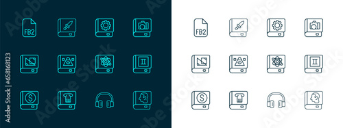 Set line Photo album gallery, History book, Book about physics, Headphones, Ancient magic, User manual, FB2 File and weapon icon. Vector