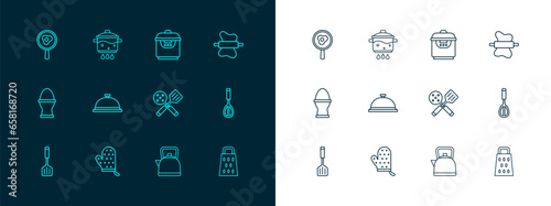 Set line Rolling pin on dough, Oven glove, Spatula, Kettle with handle, Covered tray of food, Slow cooker, Fried eggs frying pan and Cooking pot fire icon. Vector