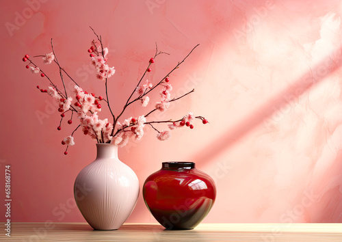 Ceramic vase with branches and flowers against the background of a pink wall, shadows from sunlight