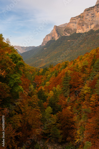Mountains of Ordesa National Park in full autumn color explosion.