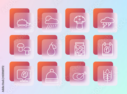 Set line Cloud and lightning, Winter hat, Pickled cucumbers jar, Roasted turkey or chicken, Pear, Mushroom, Hedgehog and with rain sun icon. Vector