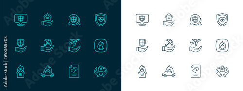 Set line Life insurance with shield, Burning car, Plane hand, Marriage contract, Umbrella, Shield, Location and House icon. Vector