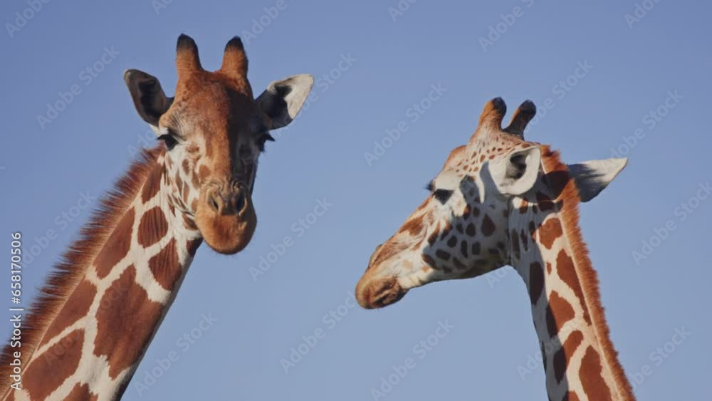 Long lens close up of two reticulated giraffe's (Giraffa reticulata) heads while looking in opposite directions chewing during the morning in Africa. Long lens close up of two reticulated giraffe's (Giraffa reticulata) heads while looking in opposite directions chewing during the morning in Africa.