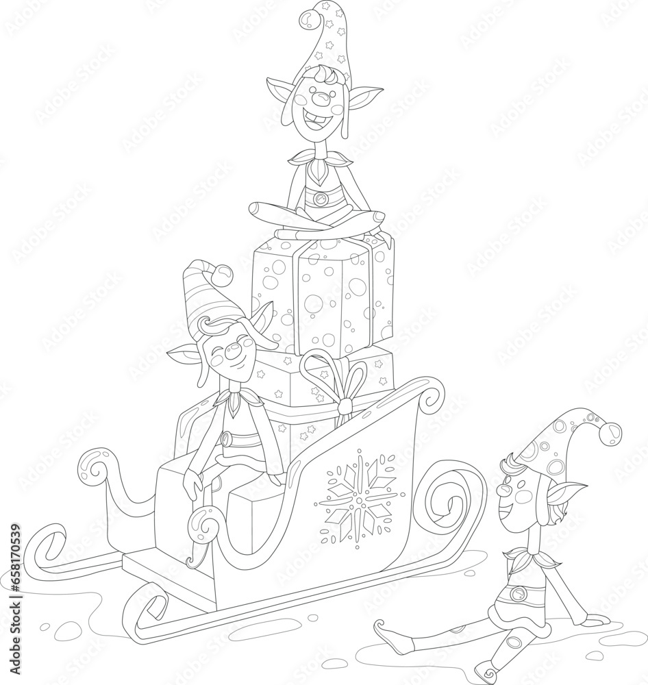 Cute cartoon elfs in hats on sleigh with presents box sketch template. Christmas vector illustration of kids in black and white for games, background, pattern, decor. Children's story book, fairytail
